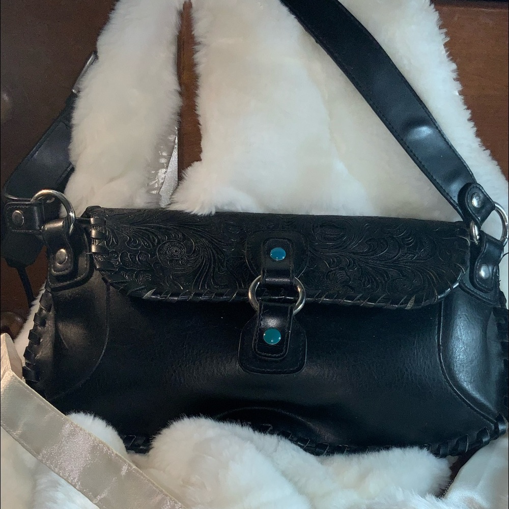 Western Hand Carved Black Flower Embossed Purse
